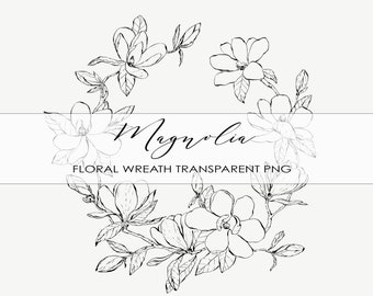May include: Black and white line drawing of a magnolia flower wreath. The wreath is made up of several magnolia flowers and leaves. The text "Magnolia Floral Wreath Transparent PNG" is written below the wreath.