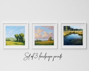 Set of 3 oil landscape prints, high quality fine art print, impressionism nature painting, pastel colors,  unframed