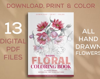 Flower Coloring Book 2 for adults and kids, PDF Printable floral coloring pages, Fine art botanical coloring illustrations