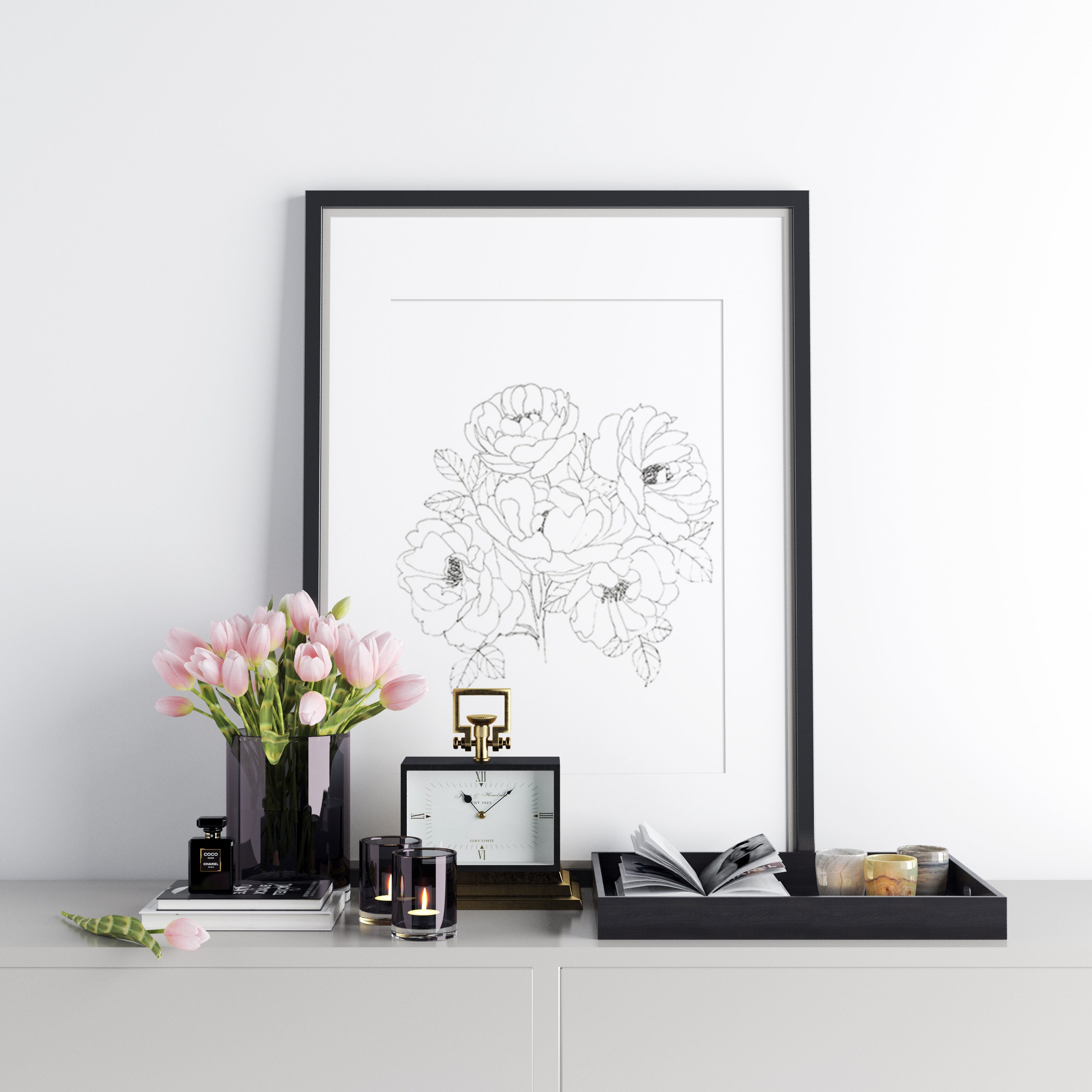 Rose flowers botanical fine art print Ink floral | Etsy