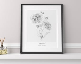 May include: Black and white line drawing of a dahlia flower in a black frame. The text "DAHLIA" and "Maggie Holmes" is printed below the flower.