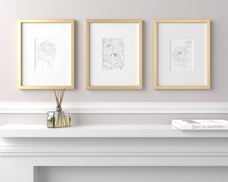 May include: Three gold framed prints of black and white line drawings of peonies. The prints are hanging on a white wall above a white shelf with a glass diffuser and a book titled "Born to Hate Burdon".