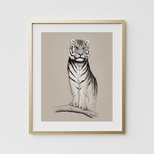 Tiger wall art print, pencil cat drawing, wild animal illustration, charcoal art print