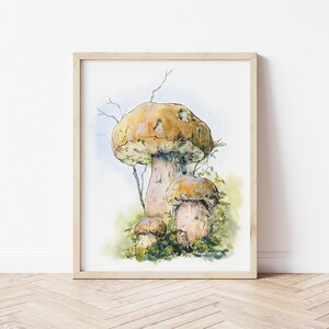 Mushroom print, mixed media illustration, forest theme fine art drawing