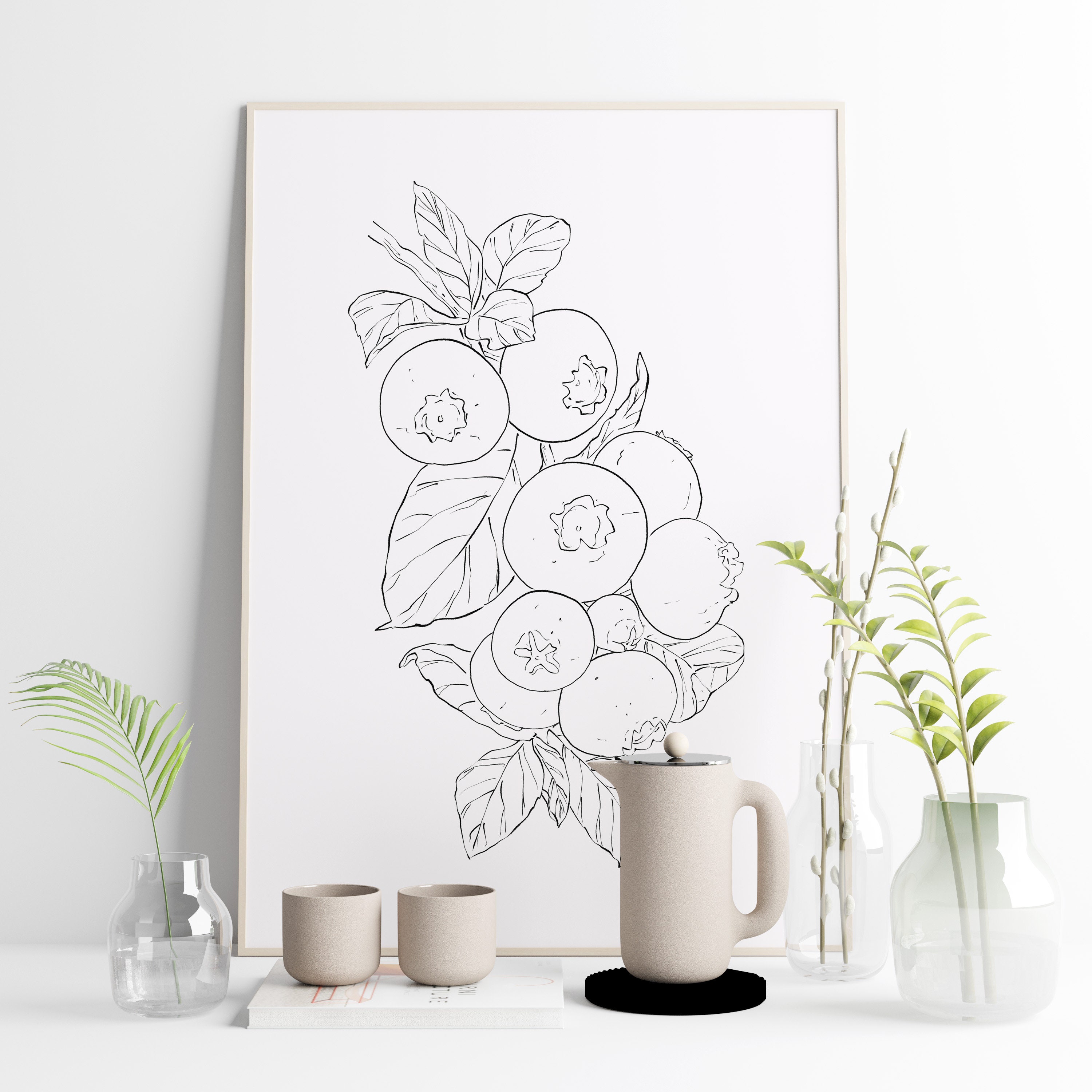 PRINTABLE Blueberry Print Illustration, Minimalistic Food Art, Black ...