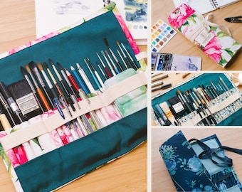 Canvas Brush Case, artist travel case, roll up case, handmade, adjustable brush holder, holds 25+items