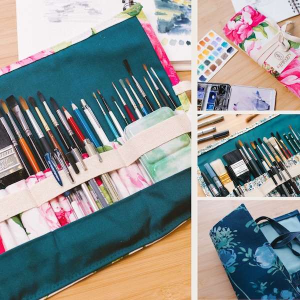 Canvas Brush Case, artist travel case, roll up case, handmade, adjustable brush holder, holds 25+items