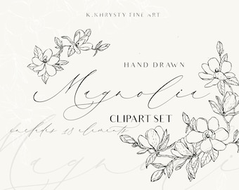 May include: Hand-drawn black and white clipart set of magnolia flowers. The set includes 18 elements, perfect for creating invitations, cards, and other projects.