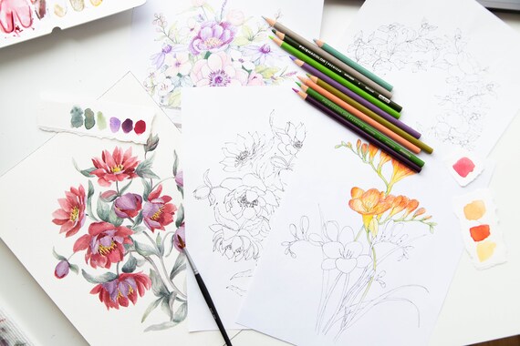 Floral Watercolor Coloring Book Handmade Illustration Adult Coloring Book,  Workbook Gift 