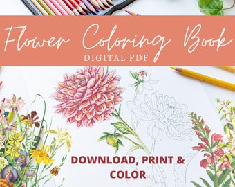 Floral Coloring Book for adults and kids, PDF Printable flower coloring pages, Fine art botanical coloring illustrations