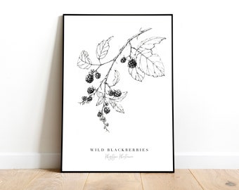 Wild blackberry botanical flower print, Giclee print, black and white floral ink illustration, fine art flower drawing