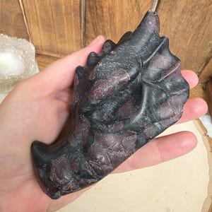Puede incluir: Una escultura de cabeza de dragón tallada en tonos negros y burdeos. Los rasgos del dragón son detallados, con escamas texturizadas y un hocico prominente. La escultura se sostiene en una mano, mostrando su tamaño y forma.