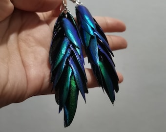 Purple Blue Green Jewel Beetle Wing Earring Emerald Statement Insect Festival Party Boho Long Striking Jewelry Christmas Gift For Her