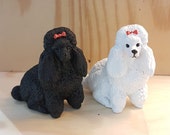 Black White Poodle Miniatures Red Hair Bow Dog Figurine Tiny Pet Collectibles Hand Painted Dollhouse Handmade Craft Resin 4x4Cm(Approx)