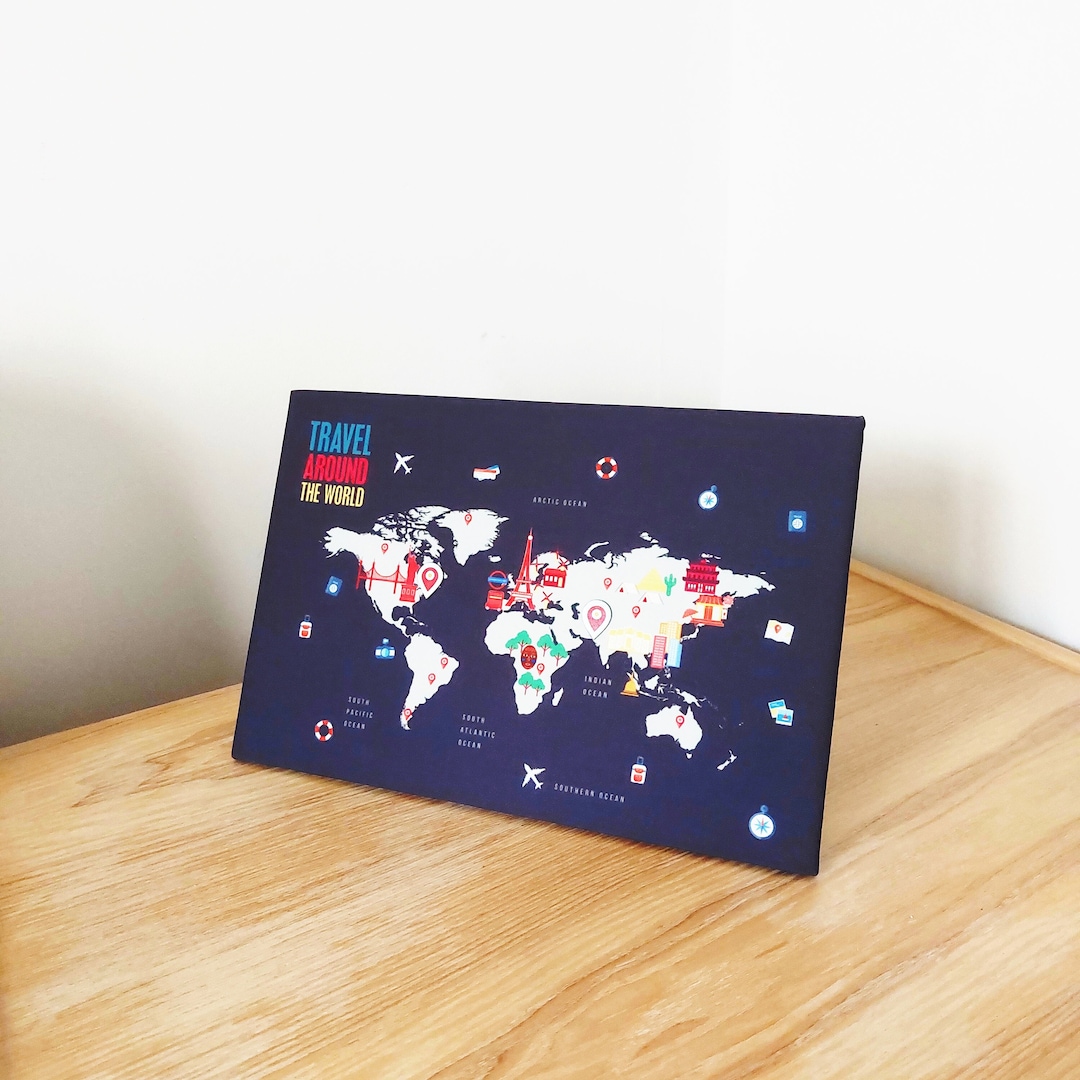 Dark Gray World Map Board Landmark Handmade Standing Table