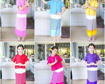 Thai Traditional Dress Kids Clothes Cotton Dress Clothes Fancy Colorful Asian Dance Restaurant Thai Wedding Dress Up Festival Temple Merit