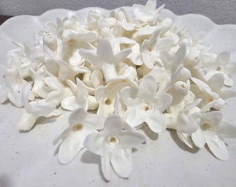 May include: A collection of white, star-shaped floral embellishments, possibly for crafting or decoration, are piled in a white, scalloped-edge dish. The flowers have a delicate, detailed design.