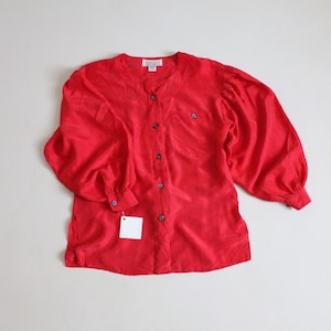 red silk blouse | balloon sleeve blouse | collarless silk skirt