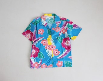 Hawaiiaans gebloemd overhemd | blouse met tropische print | vintage blouse uit de jaren 70