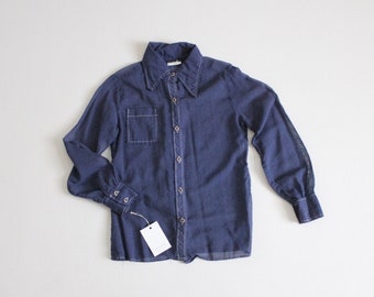vintage sheer navy blue polka dot collared blouse | small