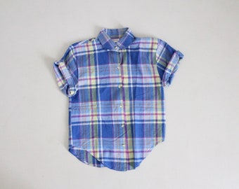 blue plaid shirt | 1980s plaid blouse | plaid collared shirt