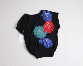 black leaf sweater | short sleeve sweater | black knit top