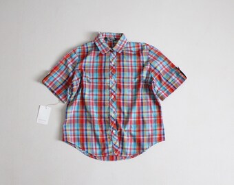 rainbow plaid blouse | 1980's plaid shirt | short sleeve blouse