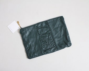 green leather clutch | dark green purse | gathered clutch bag