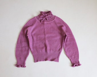 vintage orchid pink ruffle collar 1970s sweater ribbed