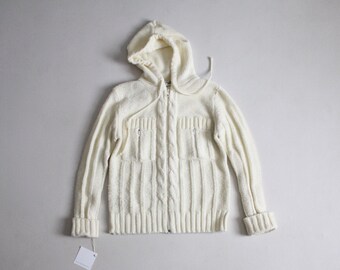 vintage 1970's cream knit zip up hooded sweater jacket | small