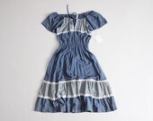 blue peasant dress vintage 1970s dress blue prairie dress