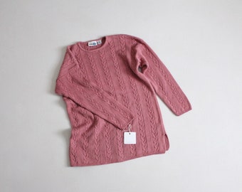 Putty rosa Pullover | Kabel-Strickpullover | langer mauve Pullover