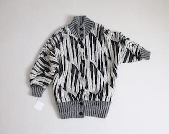 vintage heavy knit sweater coat, abstract black and white pattern | small-medium