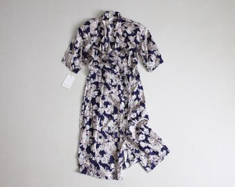 vintage blue floral dress with ruffle collar | 1980s small