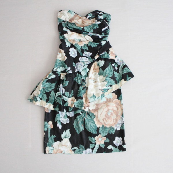 floral dress / peplum dress / strapless dress