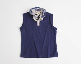 antique lace blouse | navy blue linen top | blue floral blouse