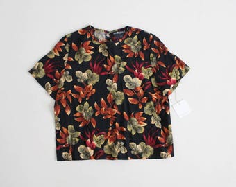 leaf print blouse | black floral blouse | 90s floral blouse