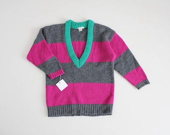 fuzzy sweater | hot pink and teal sweater | pink and grey stripe sweater