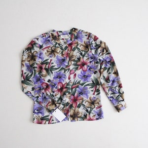 botanical blouse | sheer floral blouse | purple and pink floral print
