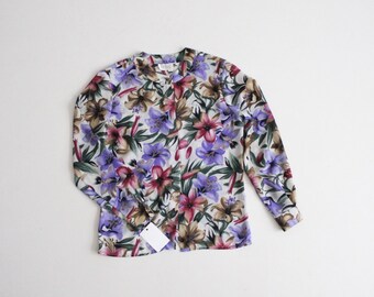 botanical blouse | sheer floral blouse | purple and pink floral print