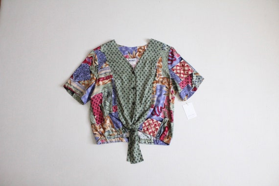 waist tie blouse | abstract print top | 90's belly shirt