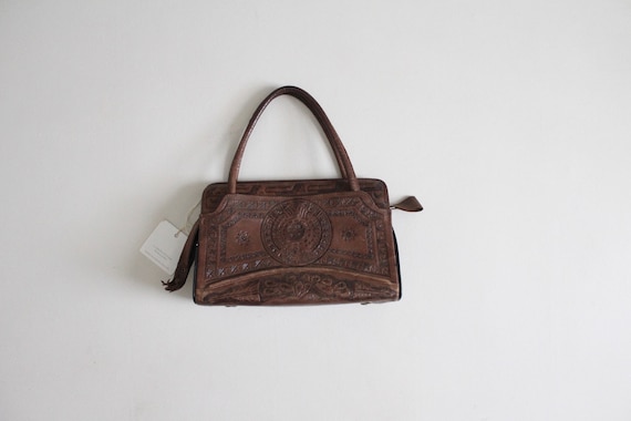 tooled leather bag | 1970's leather bag | bird ha… - image 1