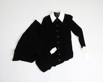 vintage 1970's black velvet maxi dress with white collar, button down long | xs