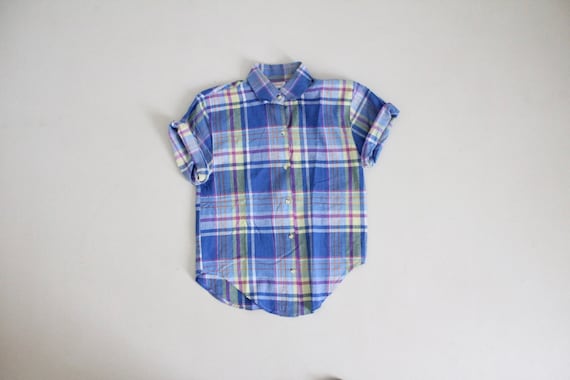 blue plaid shirt | 1980s plaid blouse | plaid collared shirt