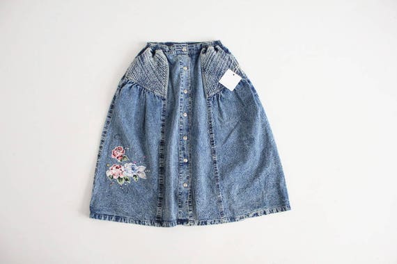 full denim skirt | floral denim skirt | acid wash