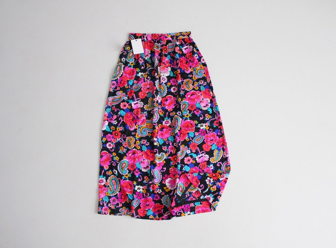 VINTAGE 70s BLUE PINK YELLOW PSYCHEDELIC FLORAL WRAP MAXI SKIRT 12 14