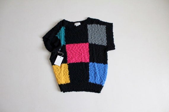 nubby black sweater | checkered sweater | neon pi… - image 1