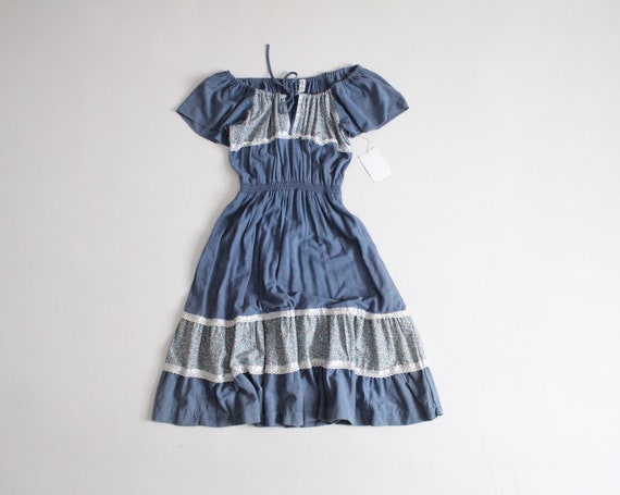 blue peasant dress | vintage 1970s dress | blue pr