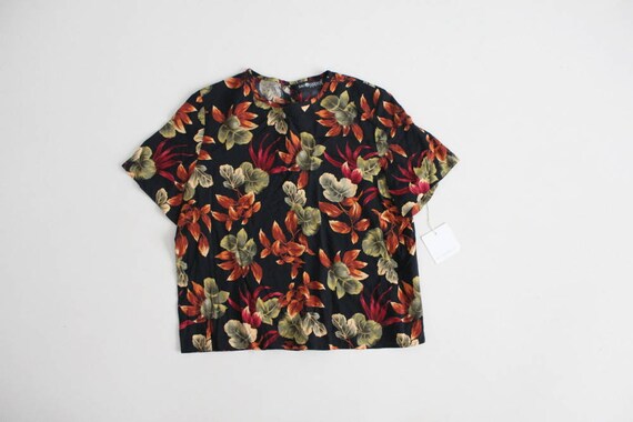 leaf print blouse | black floral blouse | 90s flo… - image 1