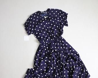 polka dot dress | navy blue dress | long polkadot dress